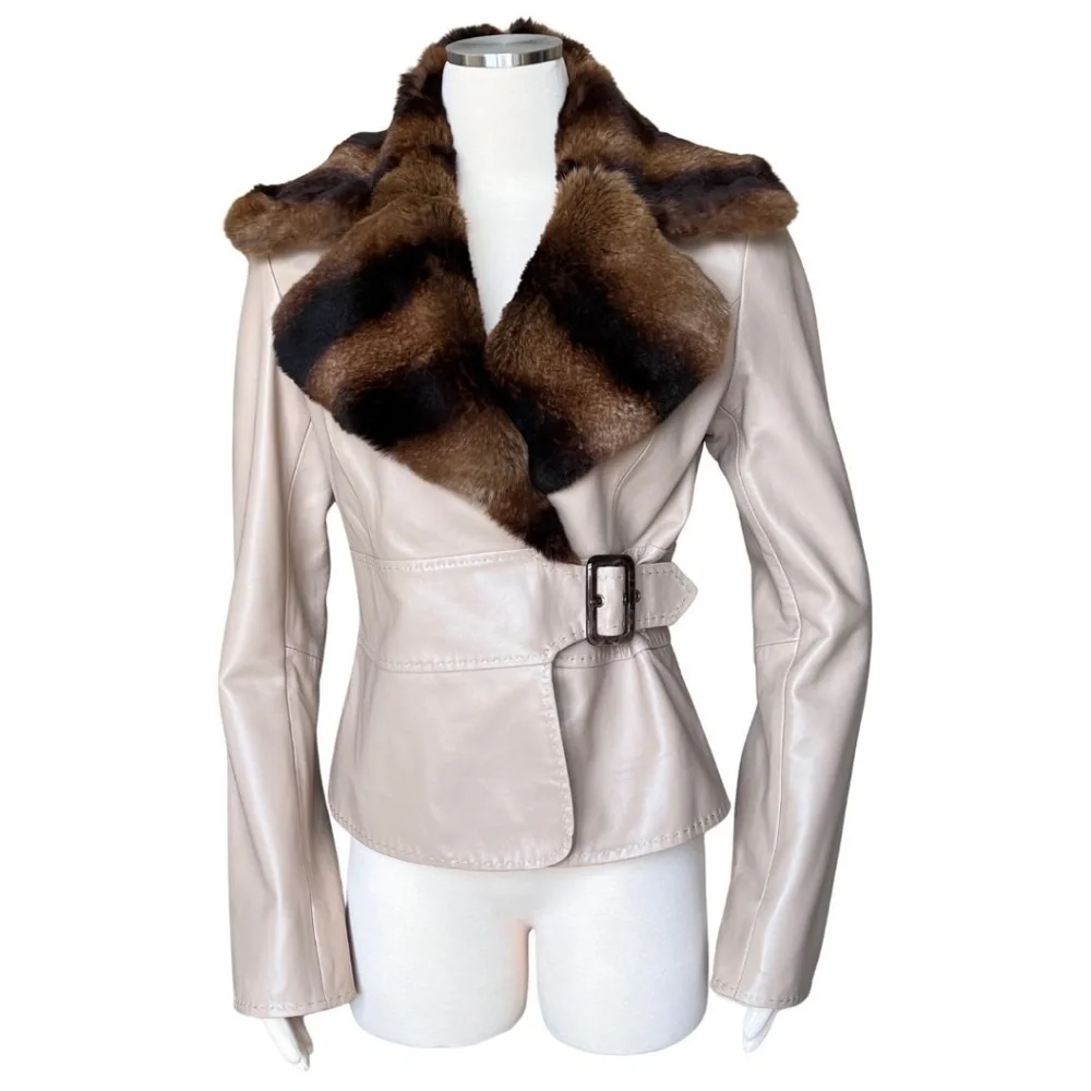 Cache Tan Leather Fitted Jacket W/Removable Fur Collar Size 10 NWT Rare Find!! - Picture 7 of 11